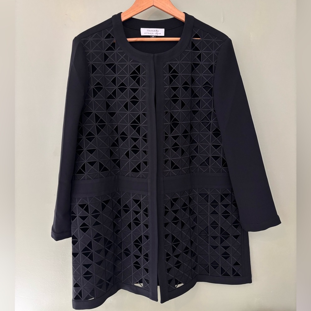 Tahari Long Black Business Jacket with Cut Out Geometric Details 18